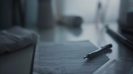 Poster - Close-up of doctors' consultation notes, foggy, no humans, soft focus, dim light 