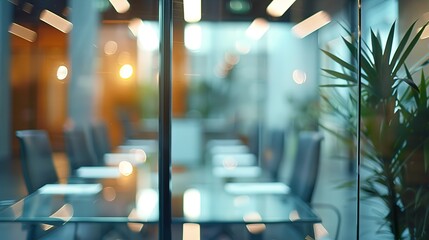 Wall Mural - Ultra-Realistic 4K Closeup of a Blurred Office Boardroom with Glass Walls and Table, Capturing a High-Detail Business Meeting Concept