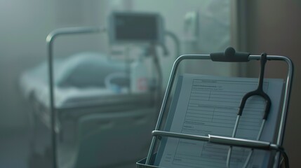 Poster - Close-up of a nurse's chart and medical tools on a mobile cart, foggy, no humans, soft focus, dim light