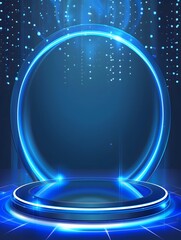 Wall Mural - Futuristic Technology Background with Glowing Hologram Elements and Circular Podium for Product Presentation in Blue