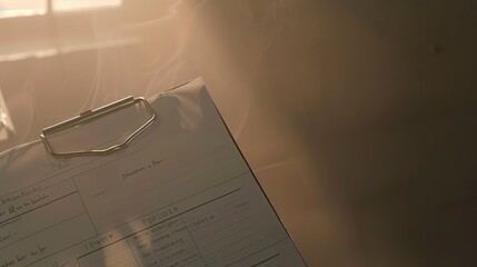 Poster - Close-up of a nurse's clipboard with patient records, foggy and empty, no humans, evening light 