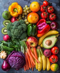 Wall Mural - some fruits and vegetables are arranged on top of a gray background