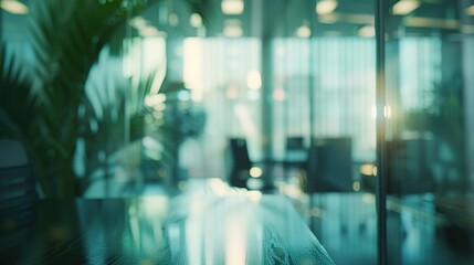 Wall Mural - Ultra-Realistic 4K Closeup of a Blurred Office Boardroom with Glass Walls and Table, Capturing a High-Detail Business Meeting Concept