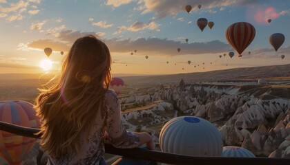 Wall Mural - Enchanting Sunrise: Hot Air Balloons and a Young Woman in Goreme, Cappadocia, Turkey