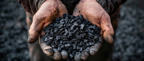 Person holds biochar pellets a charcoal