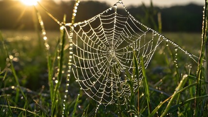 Wall Mural - A close-up shot of dew-covered spiderwebs in a meadow at sunrise 