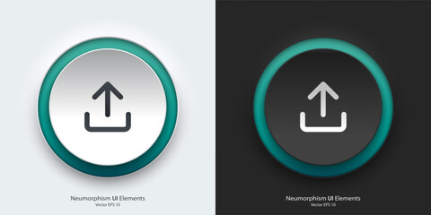 a set of black and white round buttons with upload symbols. upload vector icon in trendy neumorphic 