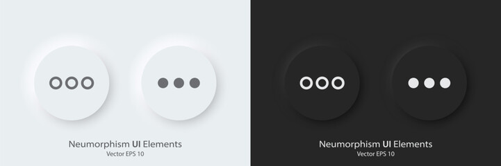 Poster - A set of black and white round buttons with see more detail symbols. Vector icon in trendy neumorphic style. 3D Neumorphism design style for Apps, Websites, Interfaces and mobile app menu.