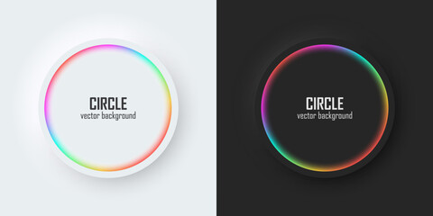 Leinwandbilder - Set of realistic 3d circle, Rainbow illuminate neon lighting, Circles frames on a white and black background in neumorphism style. Elements for design. Top view of podium. EPS10 vector.