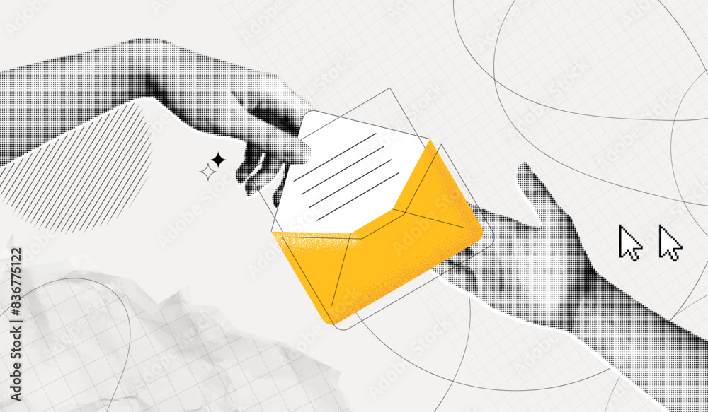 Mail Abstract Trendy Halftone Collage Hand passes letter to recipient. New message in ...