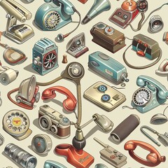 Poster - An intricate seamless pattern showcasing antique electrical items like rotary phones, early cameras, and hair dryers artistically arranged for a cohesive layout