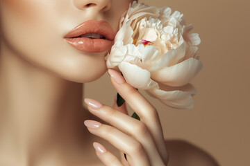 A beautiful girl with lipstick on her lips and a white peony in her hand, on a beige background, a close-up of the skin in the style of a care concept, a portrait of a beauty