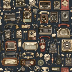Poster - A seamless pattern featuring antique electrical appliances such as vintage radios, telephones, and fans intricately arranged in a continuous design