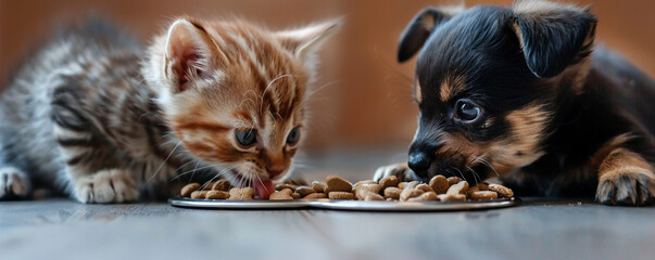 A close-up of a kitten and puppy enjoying their meal on an isolated solid background, positioned in the corner