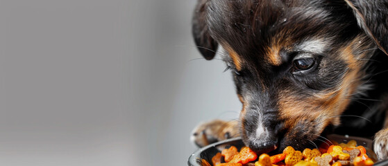 A close-up of a puppy eating together on an isolated solid background, set in the corner of the image