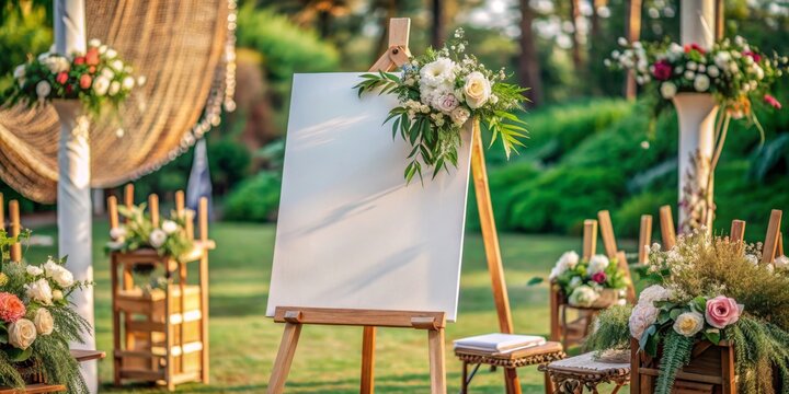 empty boho style poster on easel at wedding ceremony, boho, wedding, ceremony, decoration, poster, b