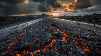 A small crack on an Icelandic tarmac road oozes molten magma, with dark storm clouds over head