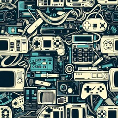 Poster - A detailed seamless pattern featuring a mix of retro gadgets including old calculators, slide projectors, and video game controllers elegantly intertwined for a sophisticated repetitive design