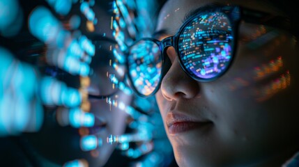 Wall Mural - A person wearing glasses intently focuses on a computer screen filled with code. The screen reflects a blue glow on their face