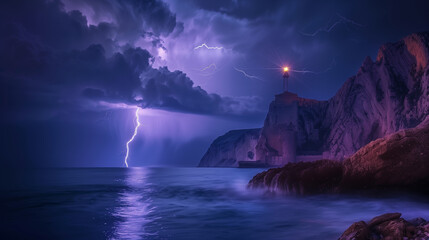 Landscape with thunderstorm and lighthouse over the ocean