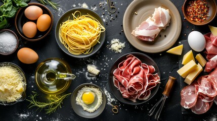 Wall Mural - A flat lay image showcasing various ingredients for a pasta dish, including spaghetti, olive oil, ham, eggs, and parmesan cheese, arranged on a black table