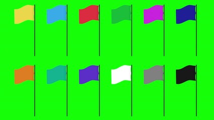 Colorful Flags Waving Illustration Set seamless loop isolated icon animation with transparency Green Screen and Luma Matte (black and white mask) 