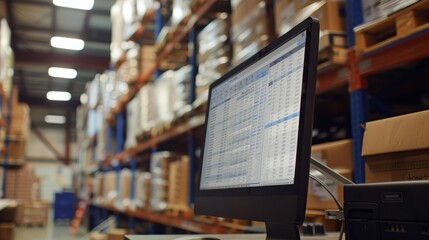 A computer monitor with a spreadsheet view is shown in the foreground, with a large warehouse full of shelves and boxes in the background
