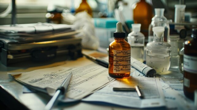 A wide-angle view of a cluttered laboratory bench with a bottle of liquid and a pen resting on top of a stack of papers