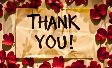 Wall Mural - A thank you sign is written on a piece of paper with red flowers surrounding it. The sign is placed on a table or wall