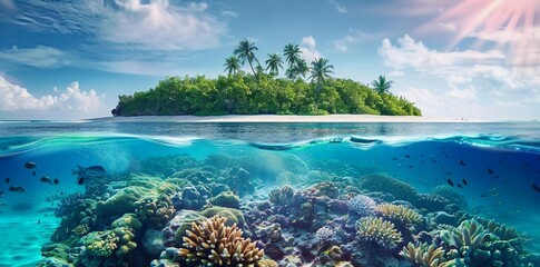 Landscape above and below water level, tropical island beach with natural moat on fore reef separated by water line