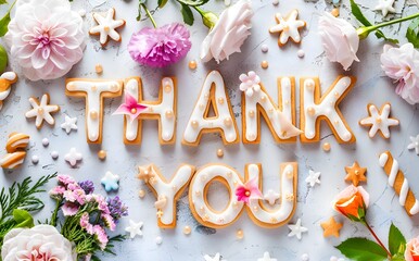 Wall Mural - A thank you sign is made out of cookies and flowers. The cookies spell out the word 