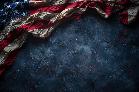 USA flag closeup, dark background, soft top light Left side reserved for text Celebratory Labor Day theme