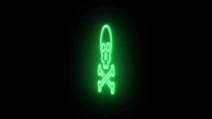 Poster - Neon jolly roger sign animation, rotation around vertical axis. Glowing neon 3D skull crossbones icon, looped spin. Pirate skull emoji, corsair cranium, danger, death warning, skeleton. Green, yellow