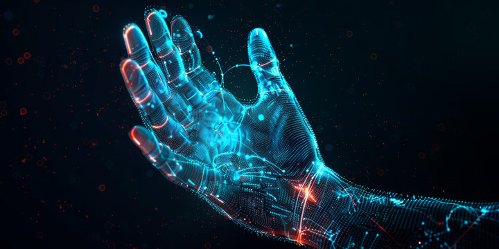 Digital hand hologram on dark background. Neural network connection. Communication with artificial intelligence.