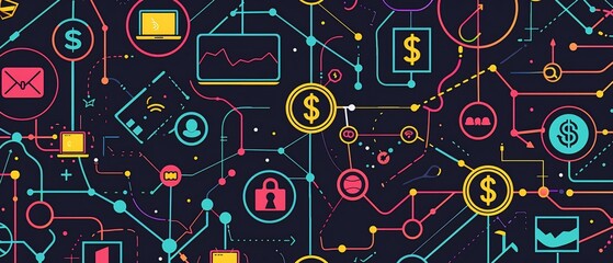 affiliate marketing network with interconnected nodes, currency symbols, laptops, mobile devices, and arrows indicating traffic flow. web banners and social media.

