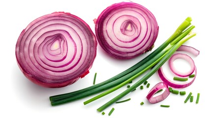 Wall Mural - Fresh sliced red onions and green onions on white background. Vibrant food image. Perfect for cooking blogs, recipe sites, and healthy eating. AI