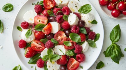 Wall Mural - Berry Caprese Salad. Fresh salad with tomatoes, mozzarella, raspberries, strawberries, cherries