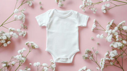 
Blank white cotton short sleeve baby bodysuit on pastel pink background with white flowers