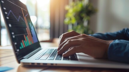 Poster - Businessman's hand typing on a laptop with financial charts on the screen
