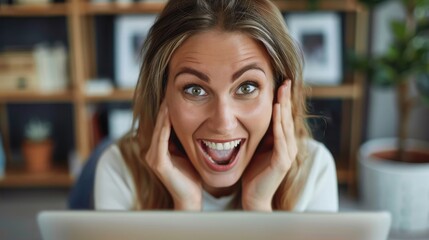 Wall Mural - Businesswoman's face displaying excitement during a video call