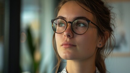 Poster - Businesswoman's face showing focus during a brainstorming session
