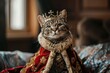 © Minerva Studio - Regal cat adorned in a luxurious king's attire, including a shimmering crown, radiates royal grace against a blurred home setting