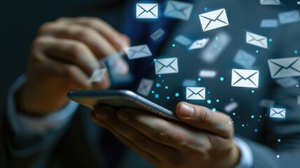 Poster - Close-up of a businessman's hand scrolling through emails on a smartphone