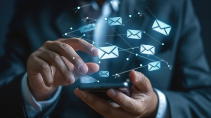 Poster - Close-up of a businessman's hand scrolling through emails on a smartphone