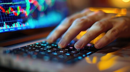 Poster - Close-up of hands typing on a keyboard with financial charts displayed