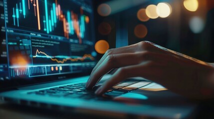 Poster - Close-up of hands typing on a laptop with financial analytics software displaying graphs and metrics