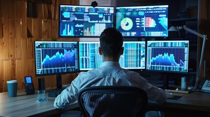 Poster - Digital marketer using multiple screens to monitor online advertising performance