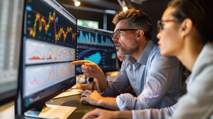 Poster - Financial advisor explaining stock market trends with graphs to a couple in an office