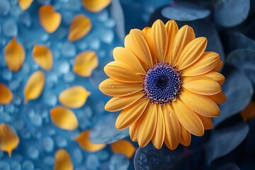 Yellow flower on bright blue background with petals. Emotion concept