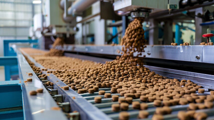 A high-tech pet food factory, producing dry dog food pellets with precision machinery